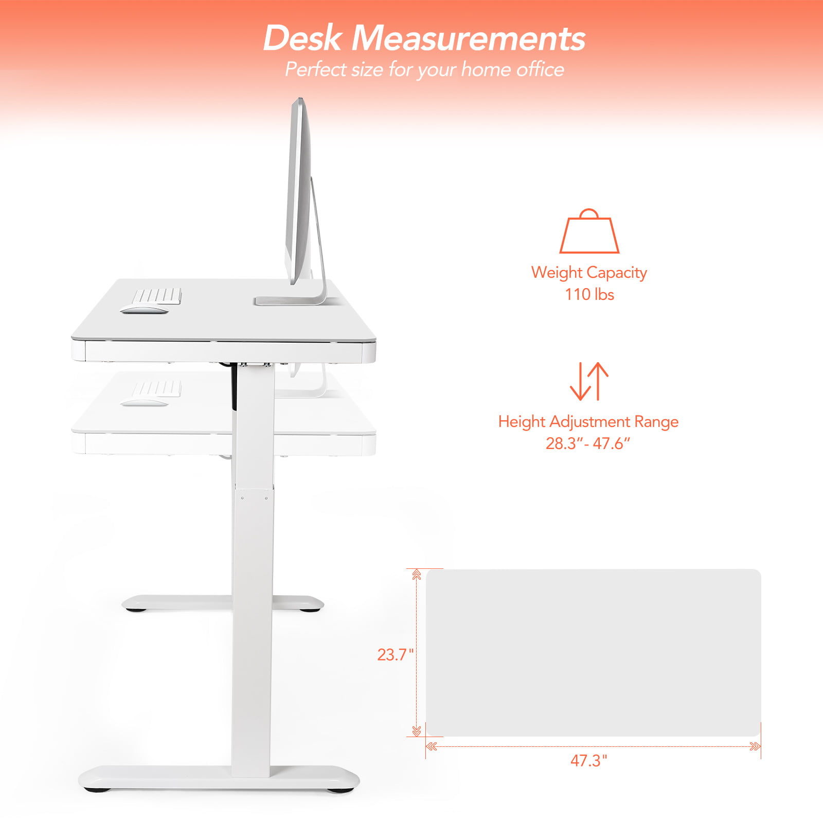 FLEXISPOT 48″ W Home Office Height Adjustable Standing Desk White Chipboard Top with USB Charge Ports. Drawer