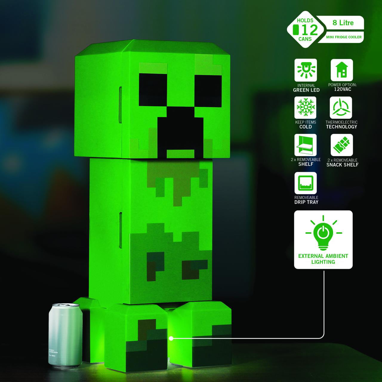 Minecraft Green Creeper Body 12 Can Mini Fridge 8L 2 Door Ambient Lighting 25.2″ H 9.5″ W 9.1″ D