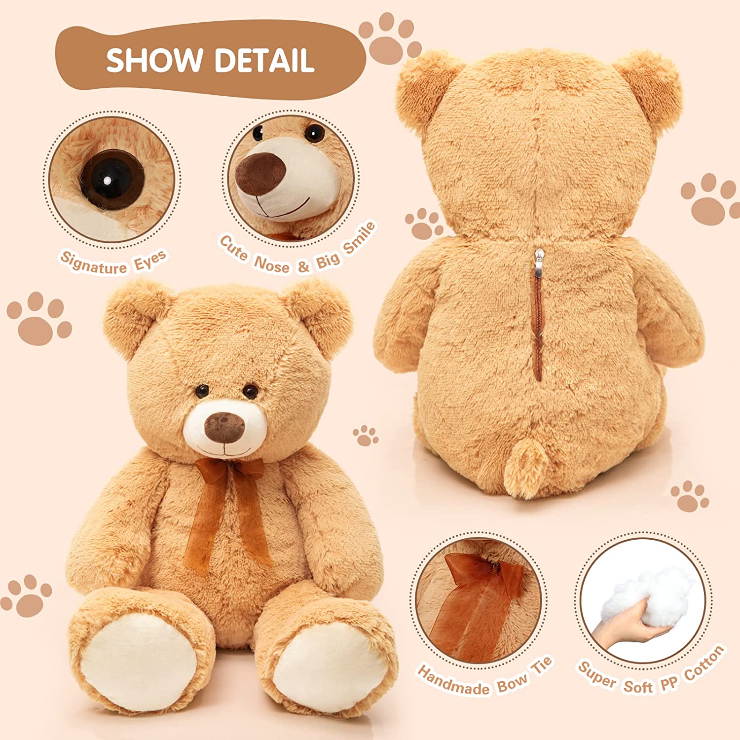 MorisMos Giant Teddy Bear 35.4” Soft Stuffed Animal Big Bear Plush Toy. Tan