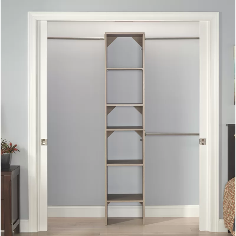 ClosetMaid 58881 SuiteSymphony Wood Closet Organizer Starter Kit with Tower and 3 Hang Rods Shelves. Adjustable. Fits Spaces 4 – 9 ft. Wide. Natural Gray. 16″