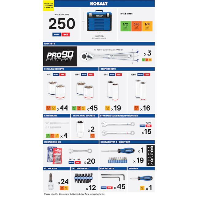 Kobalt 250-Piece Standard (SAE) and Metric Polished Chrome Mechanics Tool Set (1/4-in; 3/8-in; 1/2-in) with Hard Case