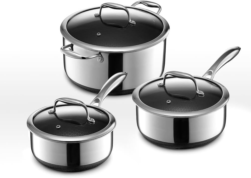 HexClad 6 Piece Hybrid Nonstick Pot Set. 2. 3. and 8 Quart Pots with Glass Lids. Dishwasher and Oven Safe. Works on Induction and Gas Cooktops