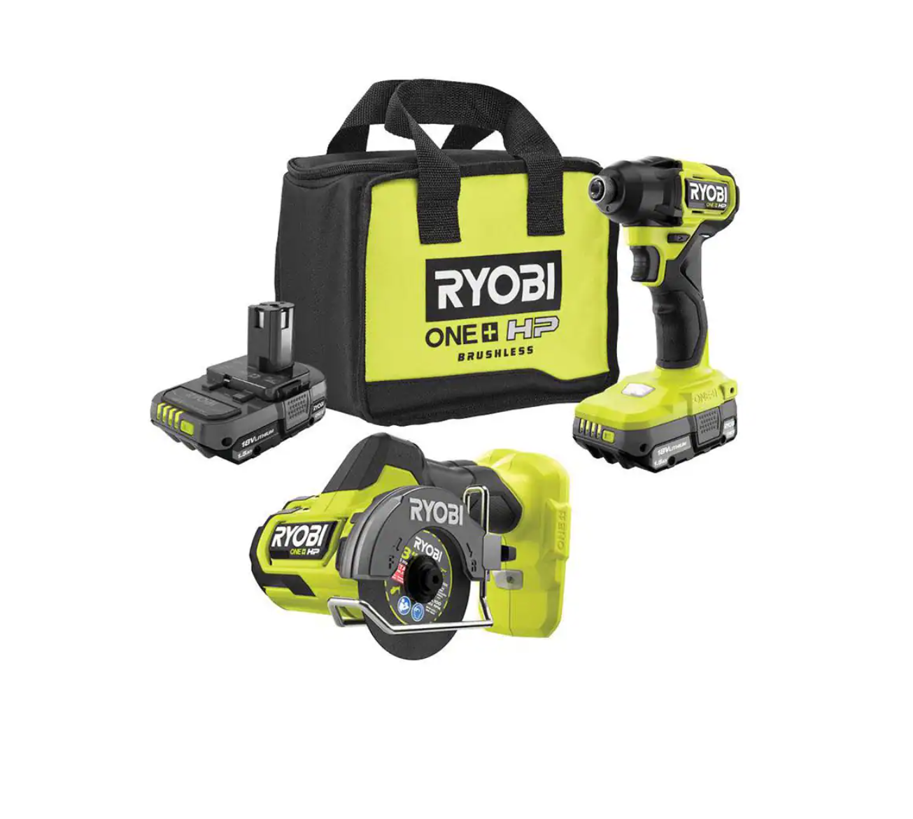 RYOBI PSBID01K-PSBCS02B ONE+ HP 18V Brushless Cordless Compact 1/4 in. Impact Driver and Cut-Off Tool. (2) 1.5 Ah Batteries. Charger. and Bag