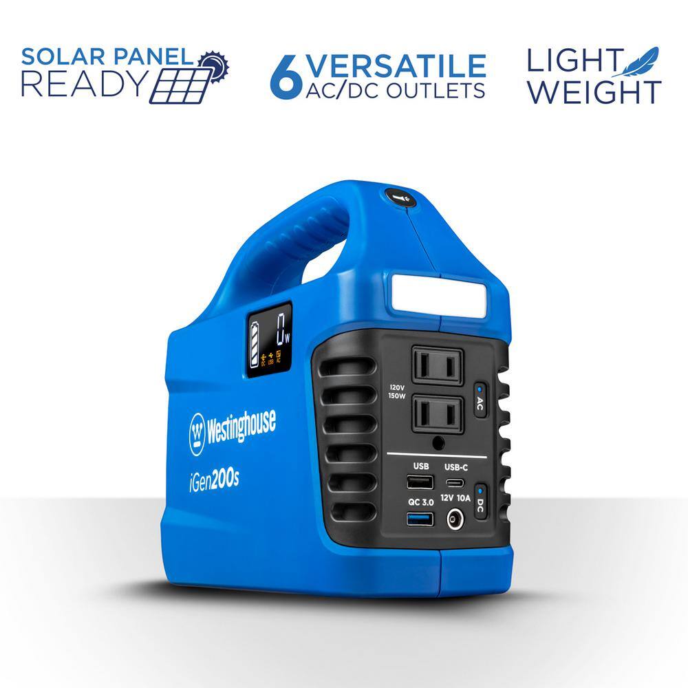 Westinghouse iGen200s 150-Watt/300-Watt Lithium-Ion Portable Power Station with Power Inverter. LCD Display. and Flashlight