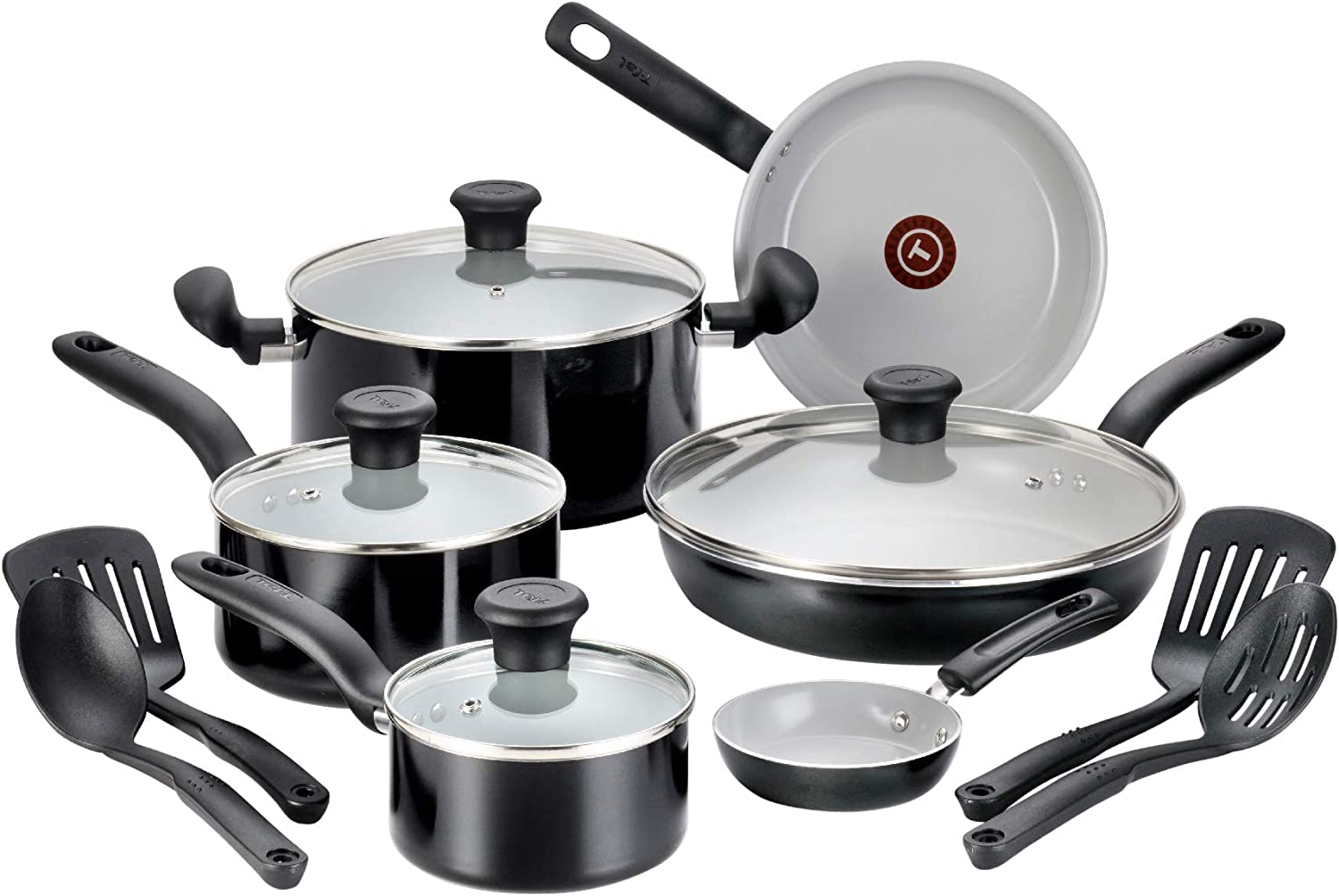 T-fal Cookware G917SE64Initiatives Ceramic Nonstick Dishwasher Safe Toxic Free 14-Piece Cookware Set. Black