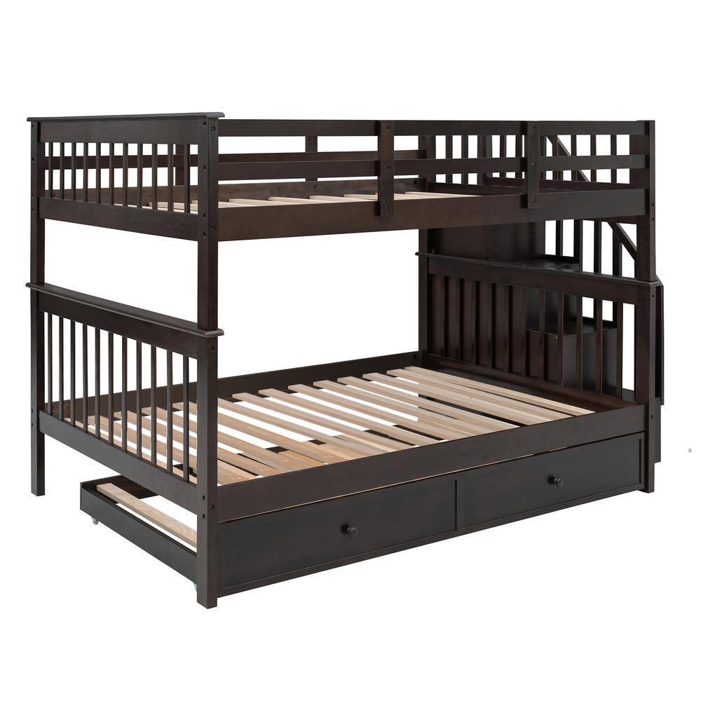 Harper & Bright Designs  Espresso Full Over Full Bunk Bed with Twin Size Trundle and Storage Stairs