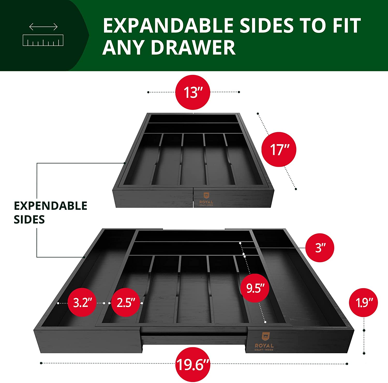 Luxury Bamboo Kitchen Drawer Organizer - Silverware Organizer - Utensil Holder and Cutlery Tray (9 Slot. Black)