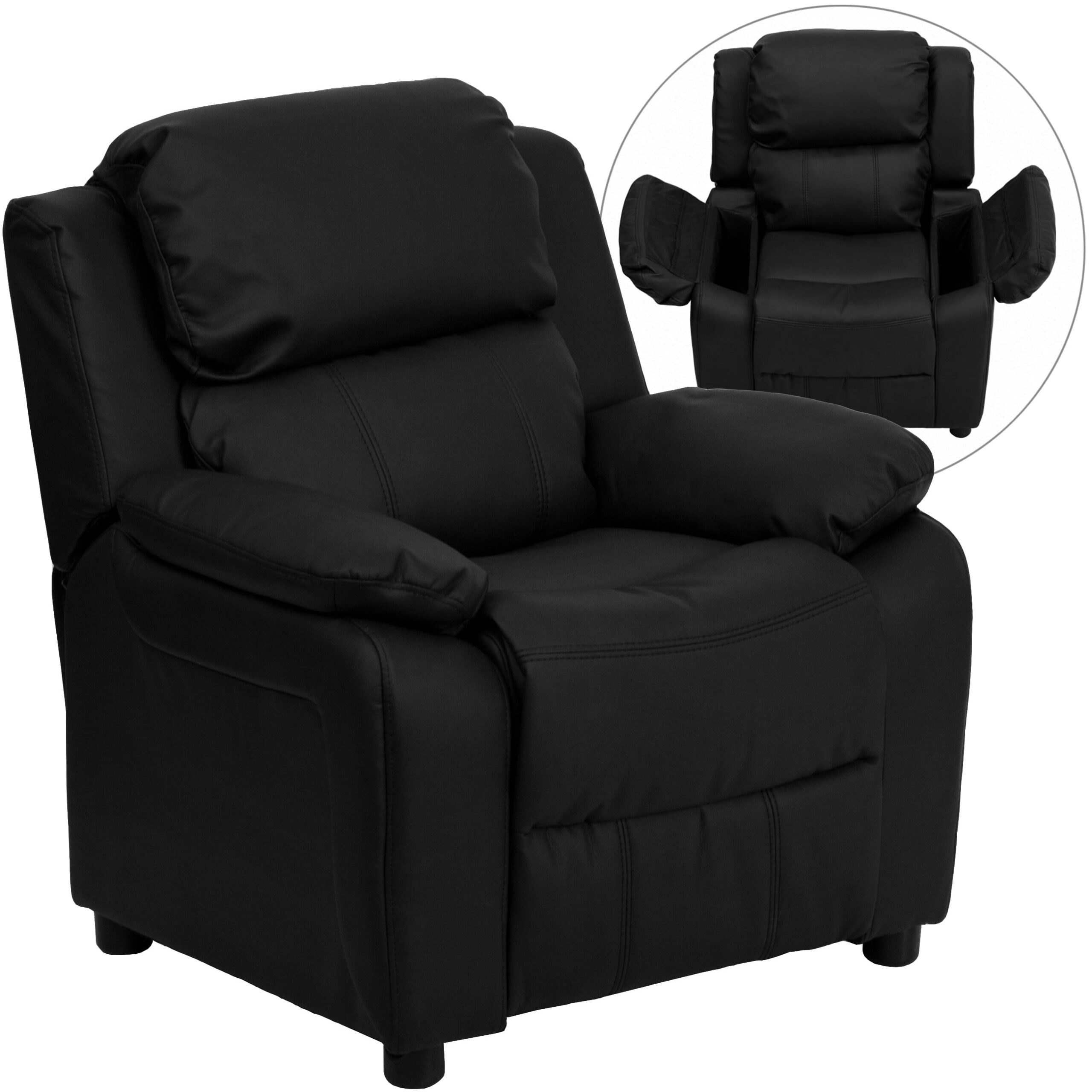Flash Furniture Deluxe Padded Contemporary Black LeatherSoft Kids Recliner with Storage Arms