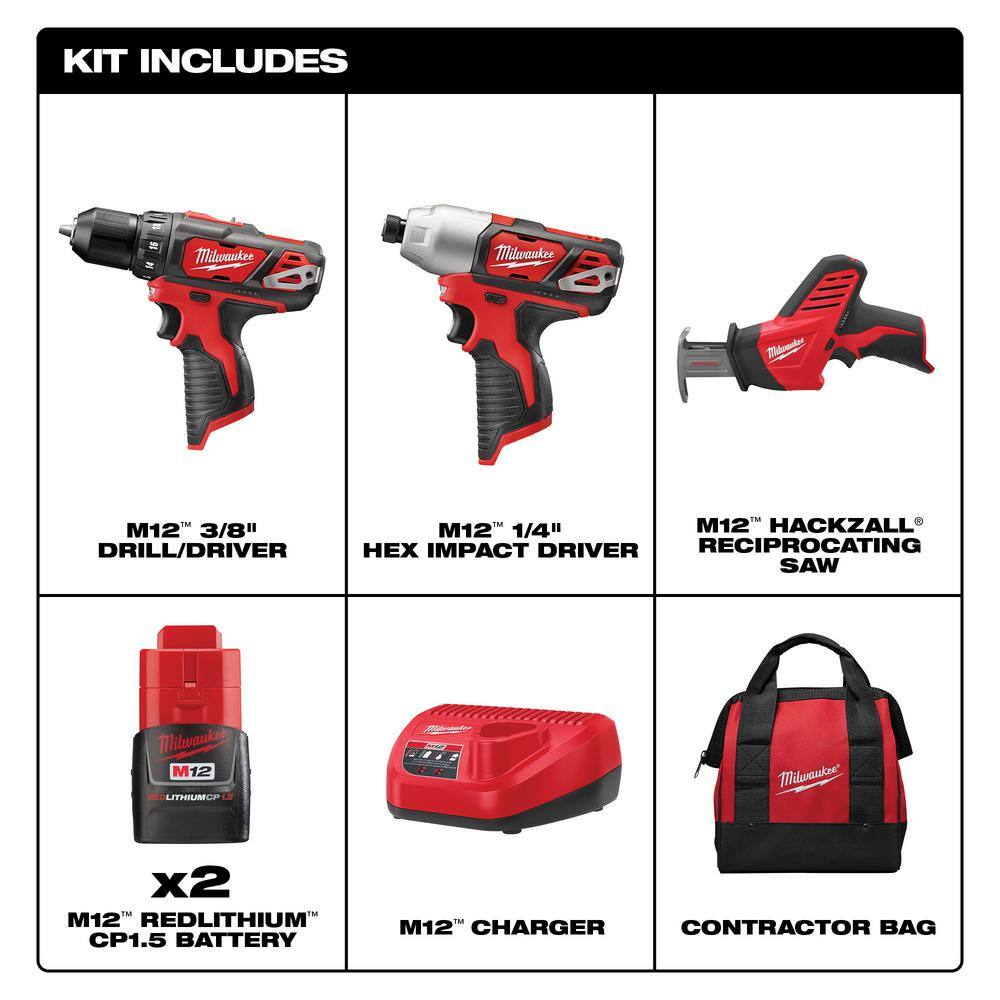Milwaukee 2498-23 M12 12V Lithium-Ion Cordless Combo Tool Kit (3-Tool) w/(2) 1.5Ah Batteries. (1) Charger. (1) Tool Bag