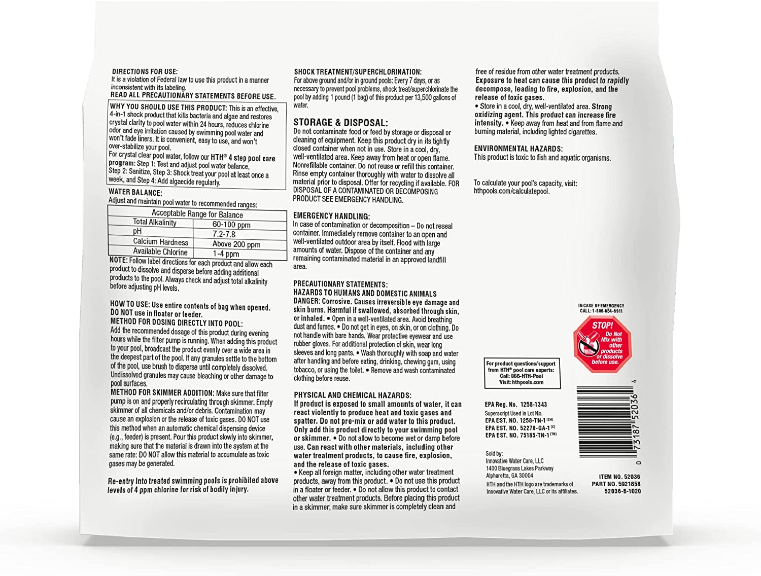 HTH Pool Care Shock Advanced. Swimming Pool Chemical Prevents Bacteria & Algae. Cal Hypo Formula. 1 lb (Pack of 6)