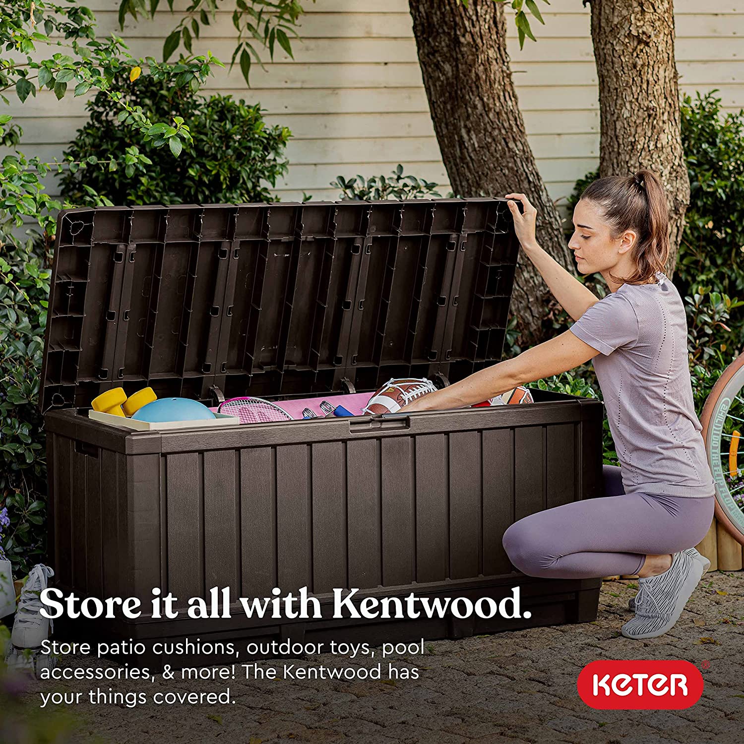 Keter Kentwood 90 Gallon Resin Deck Box-Organization and Storage for Patio Furniture Outdoor Cushions. Throw Pillows. Garden Tools and Pool Toys. Brown