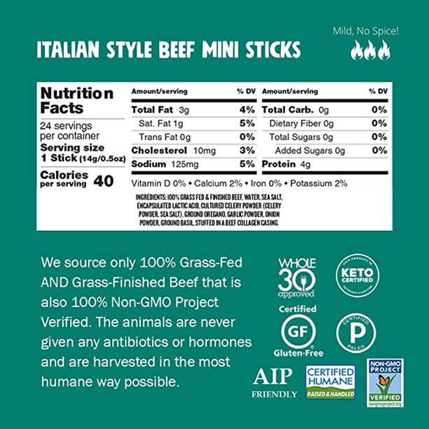 CHOMPS MINI Grass Fed Italian Style Beef Jerky Meat Snack Sticks. Keto. Paleo. Whole30 Approved. Low Carb. High Protein. Gluten Free. Sugar Free. Non-GMO. 40 Calories. 0.5 Oz Sticks. 24 Pack