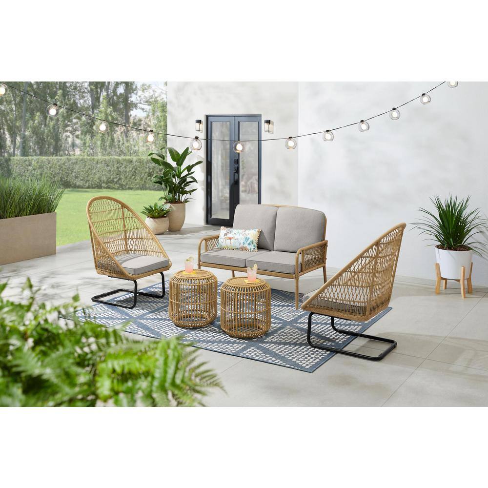 Hampton Bay  Sierra Creek Tan 5-Piece Wicker Outdoor Patio Conversation Deep Seating Set with CushionGuard Stone Gray Cushions