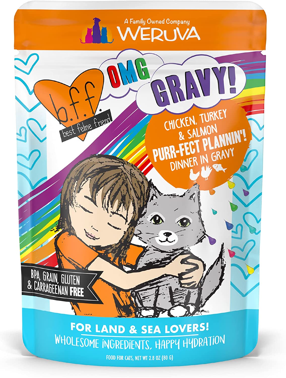 Weruva B.F.F. OMG - Best Feline Friend Oh My Gravy!. Purr-Fect Plannin-! with Chicken. Turkey & Salmon in Gravy Cat Food. 2.8oz Pouch (Pack of 12)