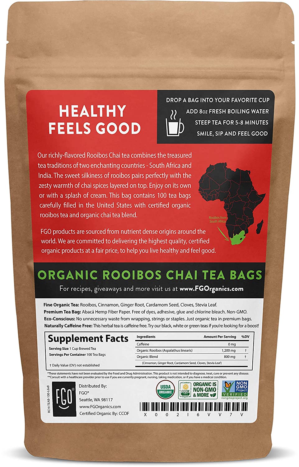 FGO Organic Rooibos Chai Tea Bags 100 Tea Bags Eco-Conscious Tea Bags in Kraft Bag
