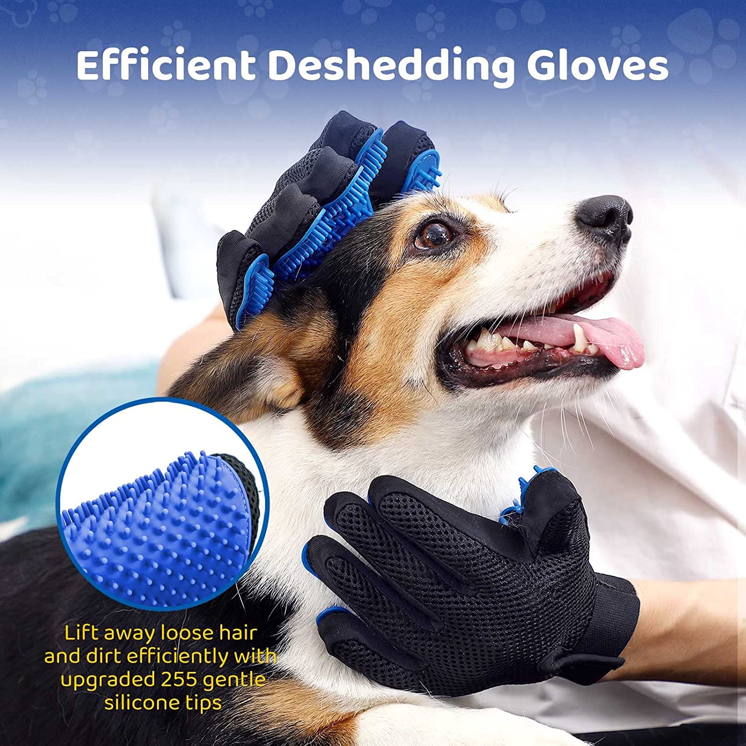 Pet Grooming Glove - Gentle Deshedding Brush Glove - Efficient Pet Hair Remover Mitt - Enhanced Five Finger Design - Perfect for Dog and Cat with Long & Short Fur - 1 Pair (BLUE)