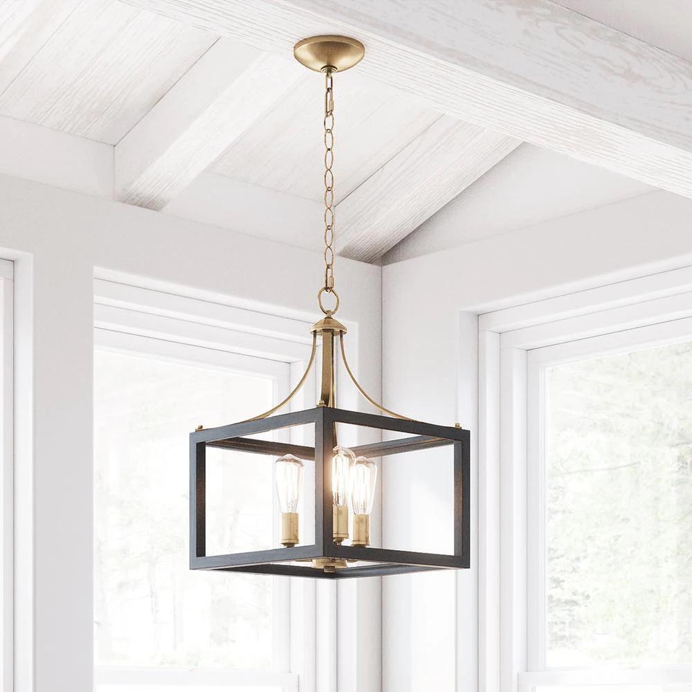 Hampton Bay 7948HDCVBDI Boswell Quarter 14 in. 3-Light Vintage Brass Farmhouse Square Chandelier with Painted Black Distressed Wood Accents