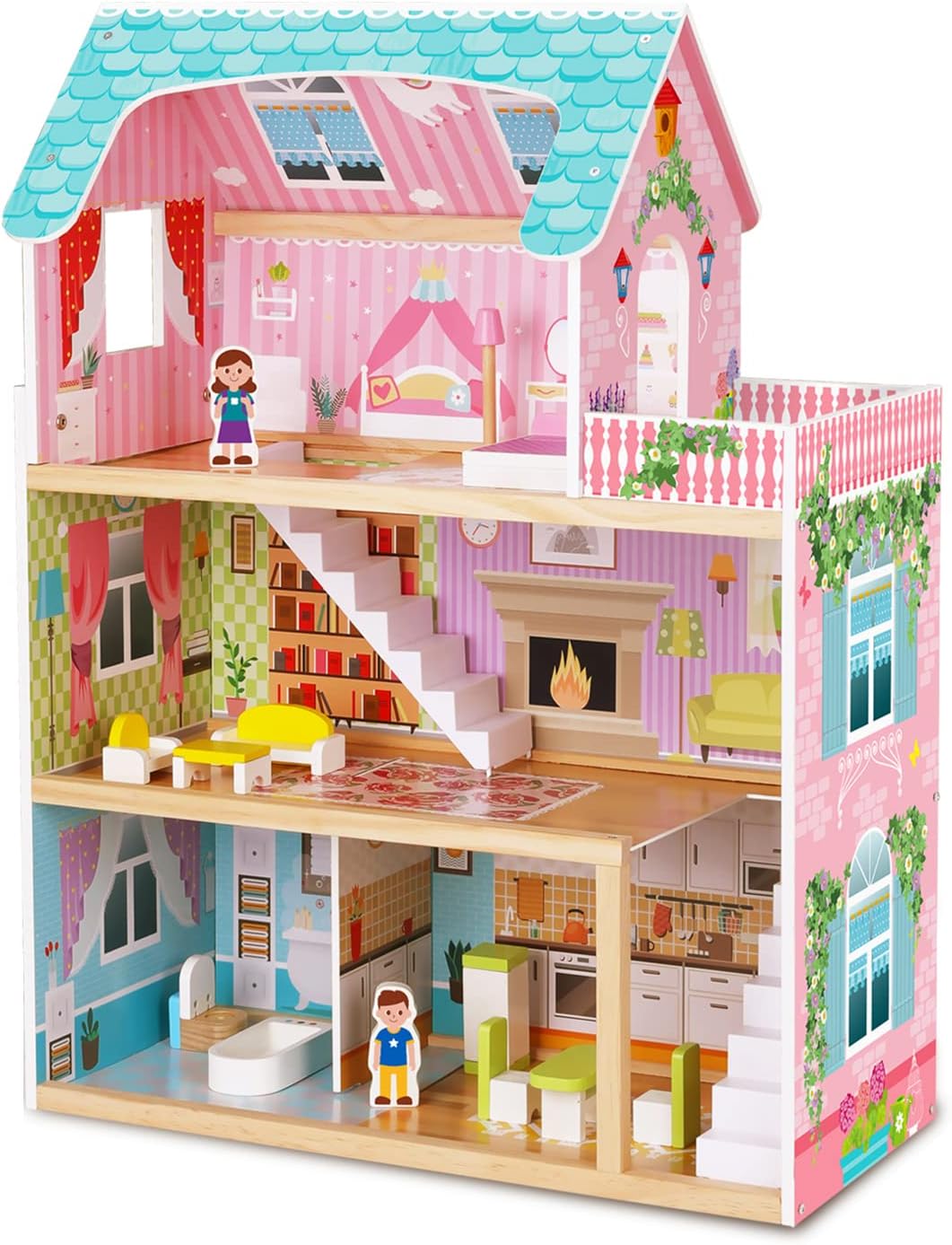 TOOKYLAND Doll House 2.6 Feet High Wooden Dollhouse with 15 Pieces Furniture. Barbie Playhouse for Kids