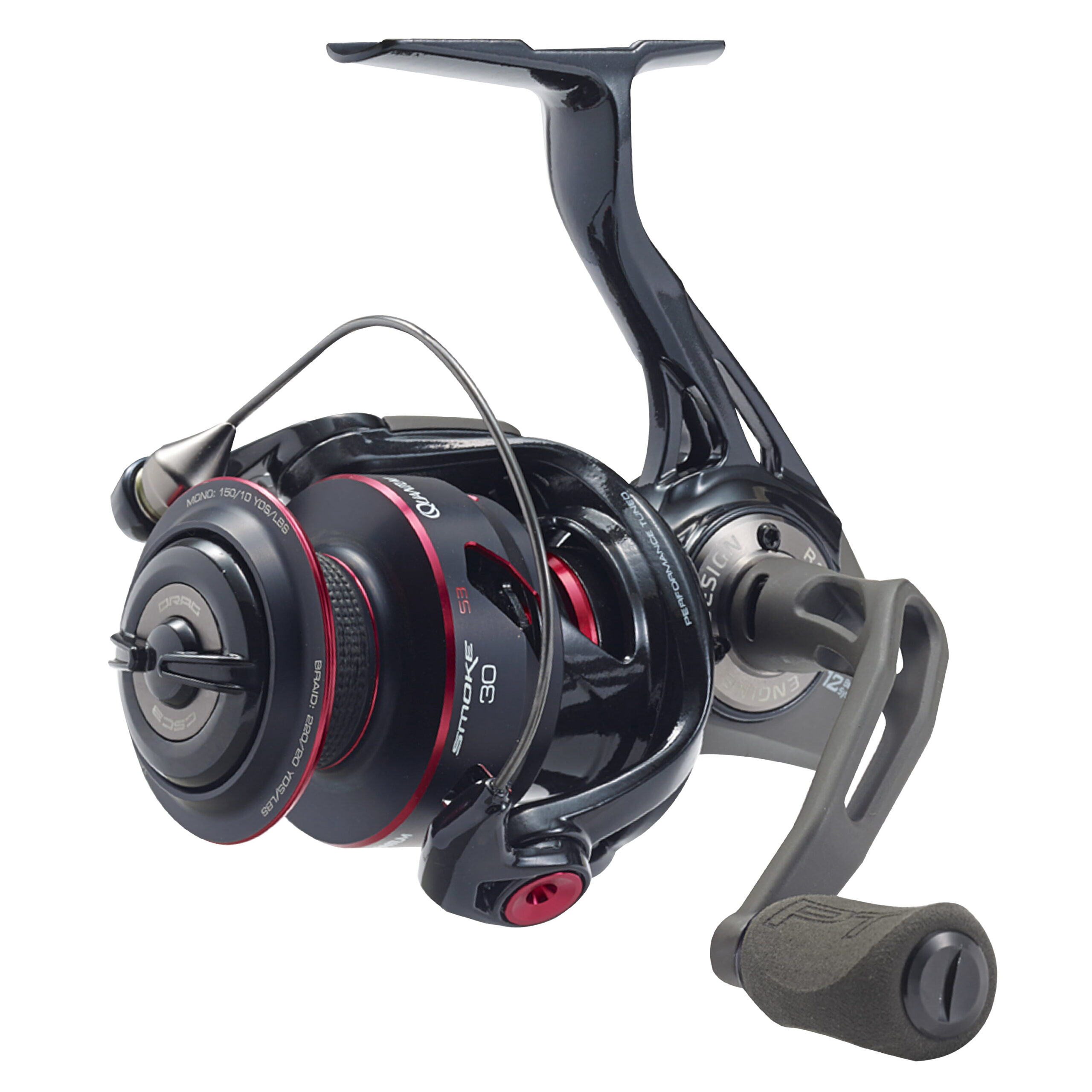 Quantum Smoke Spinning Fishing Reel. Size 30 Reel. Changeable Right- or Left-Hand Retrieve. Continuous Anti-Reverse Clutch with NiTi Indestructible Bail. SCR Alloy Frame. 6.0:1 Gear Ratio. Black