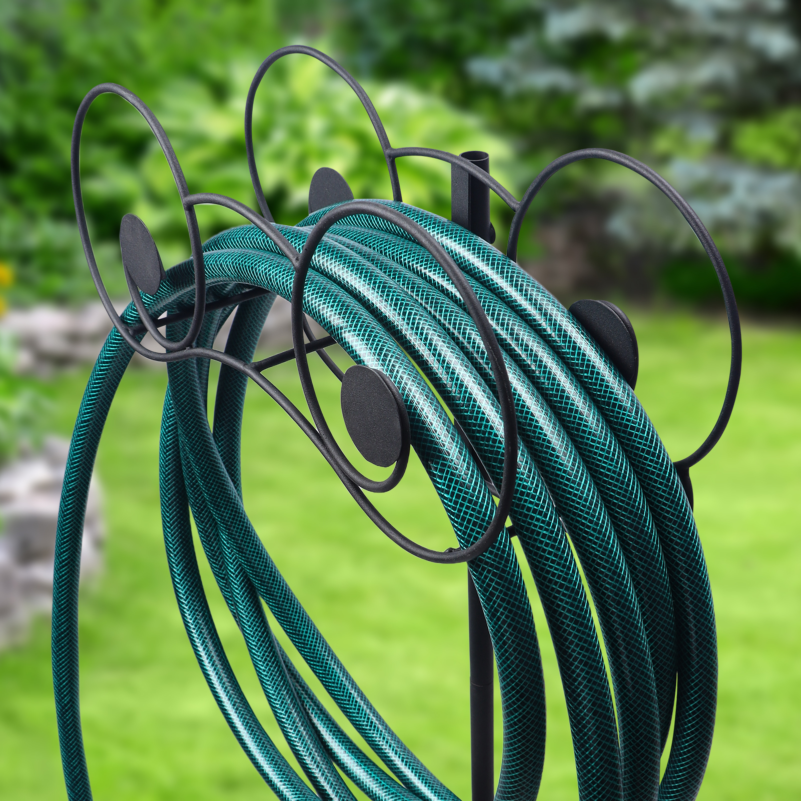 Garden Hose Holder with 2 Spikes for 26 lb Hose. Freestanding Water Hose Holder for Outside Yard Lawn. Black