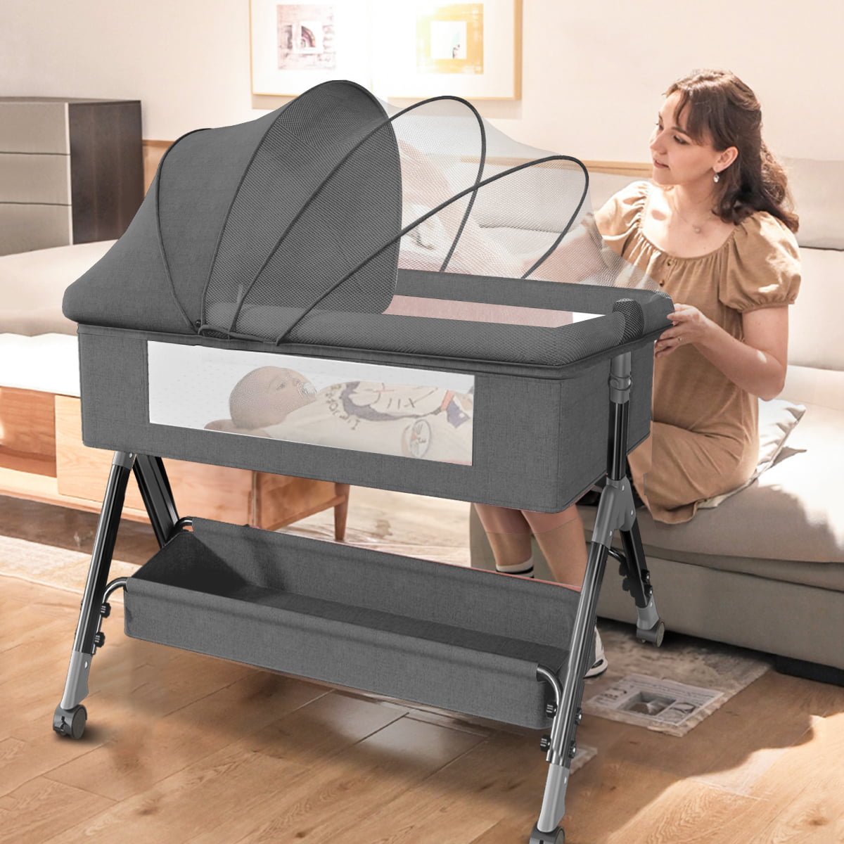 Baby Bassinet. HDJ Bedside sleeper Bassinet with Storage Basket for Infant. Bedside Crib for 0-6 Months. Dark Gray