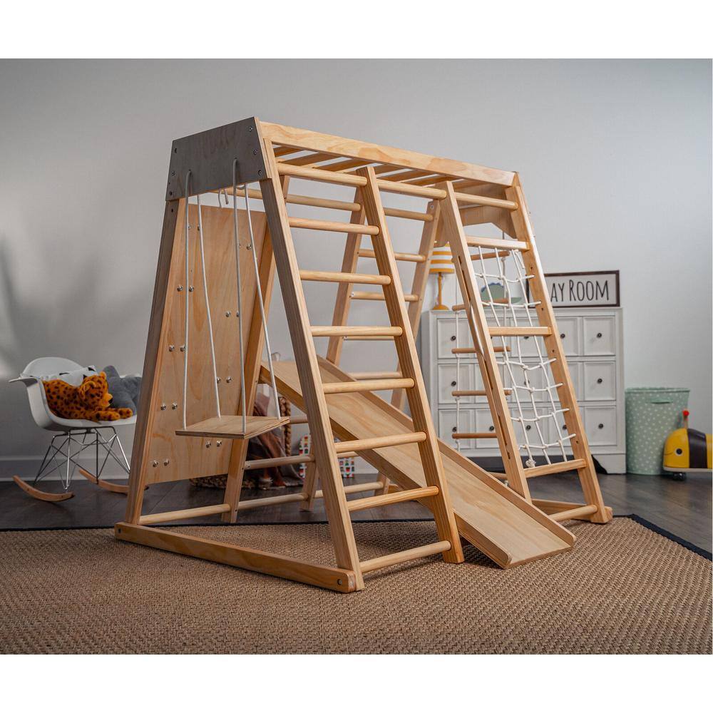 Avenlur WD-CLBR-LG-NAT Avenlur Magnolia Indoor Wood 6-in-1 Playset. Slide. Rock Climb Wall. Rope Wall Climbing - Large. Natural