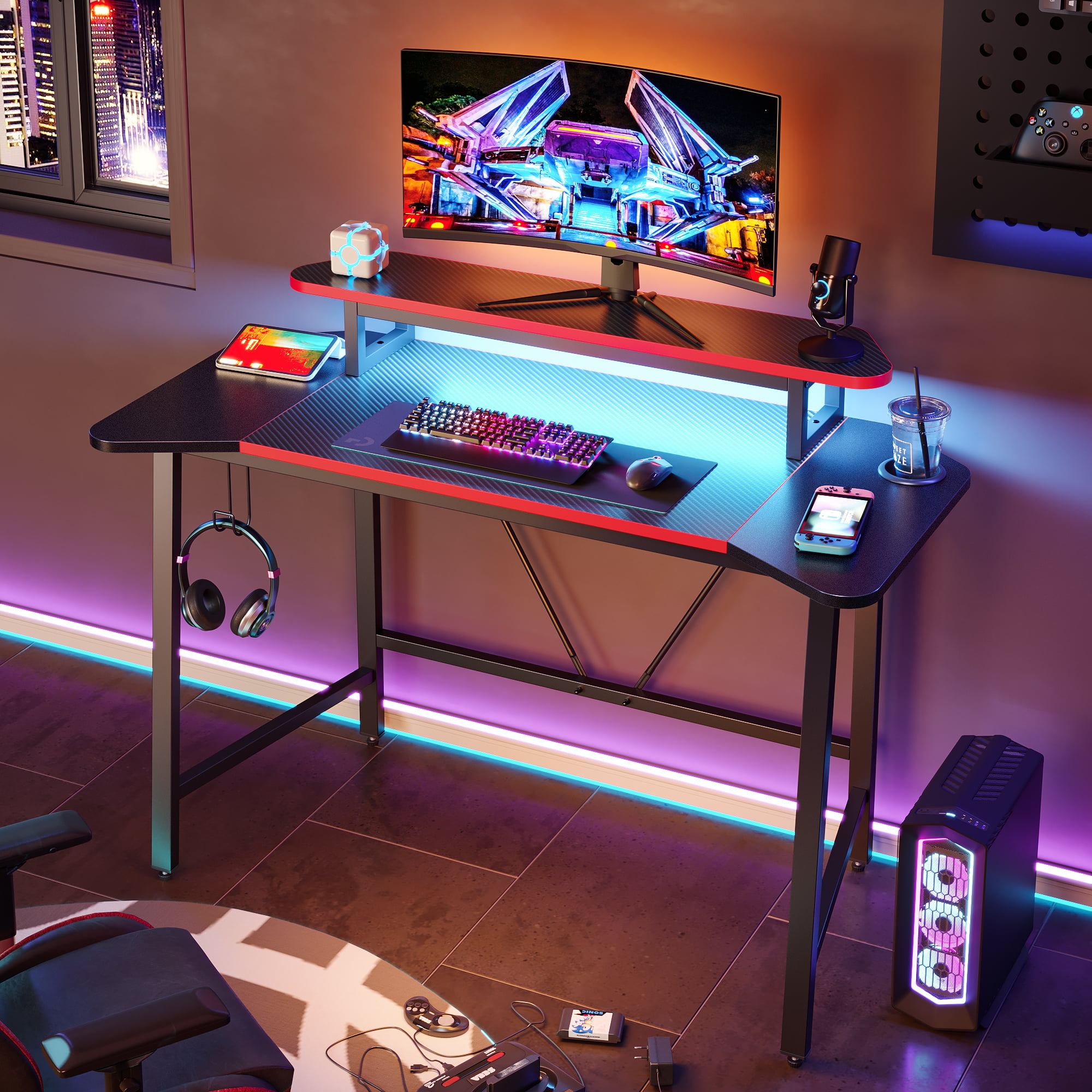 Bestier 50.3″ Gaming Desk Computer Office Table with LED Lights & Monitor Stand. Carbon Fiber