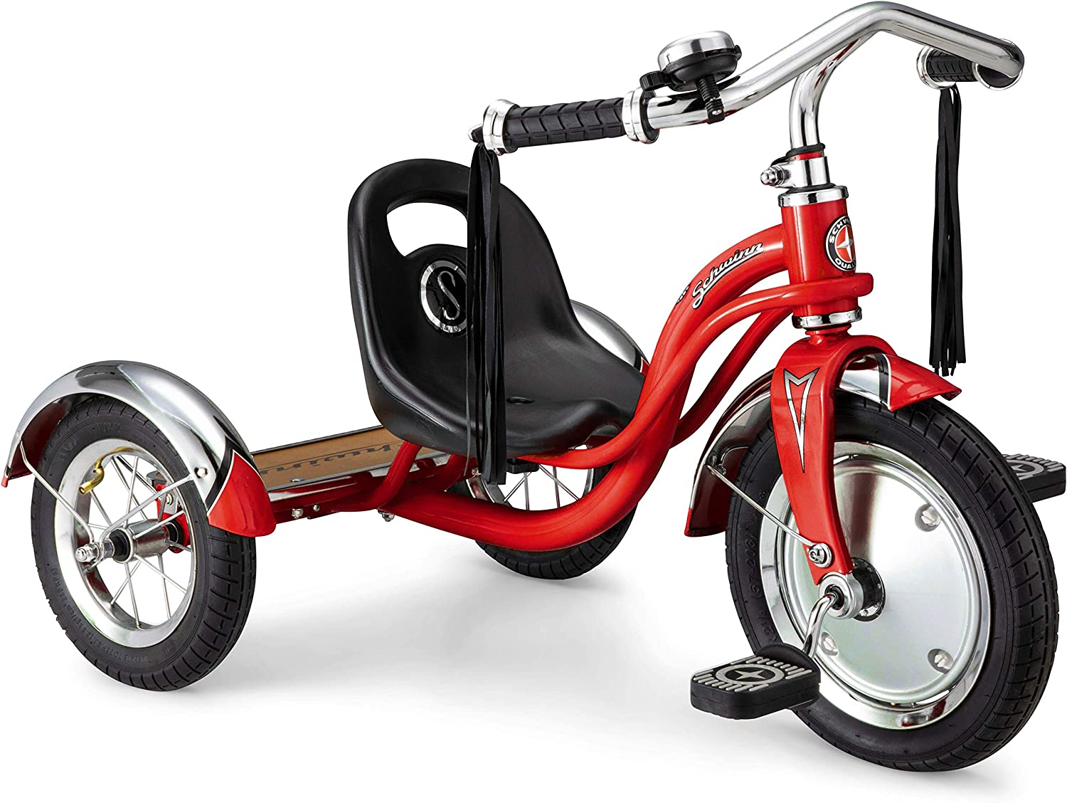 Schwinn Roadster Bike for Toddlers. Kids Classic Tricycle. Boys and Girls Ages 2 - 4 Years Old. Steel Trike Frame. Rear Deck Made of Genuine Wood. & Fabric Tassels. Red