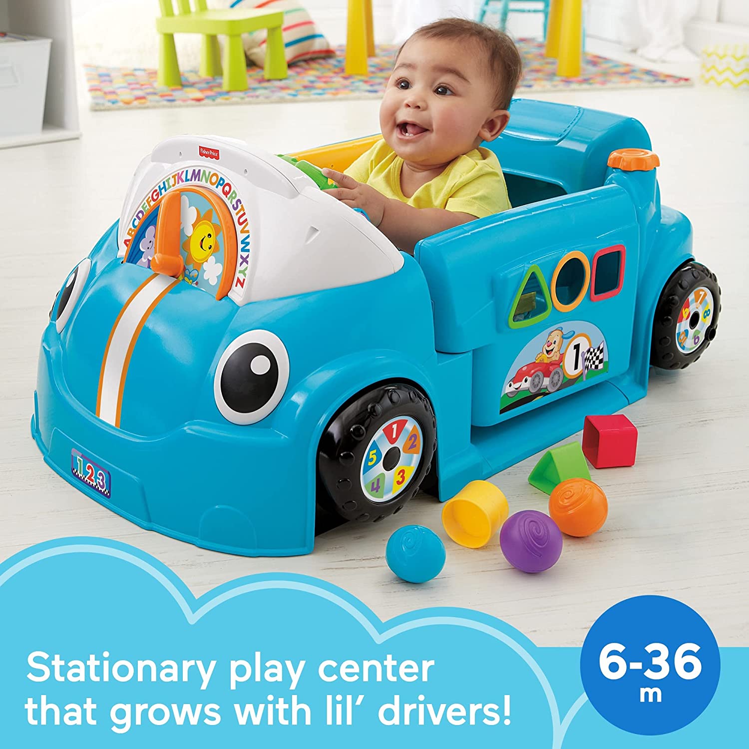 Fisher-Price Laugh & Learn Crawl Around Car. Blue interactive play center with Smart Stages learning content for babies and toddlers ages 6 months and up