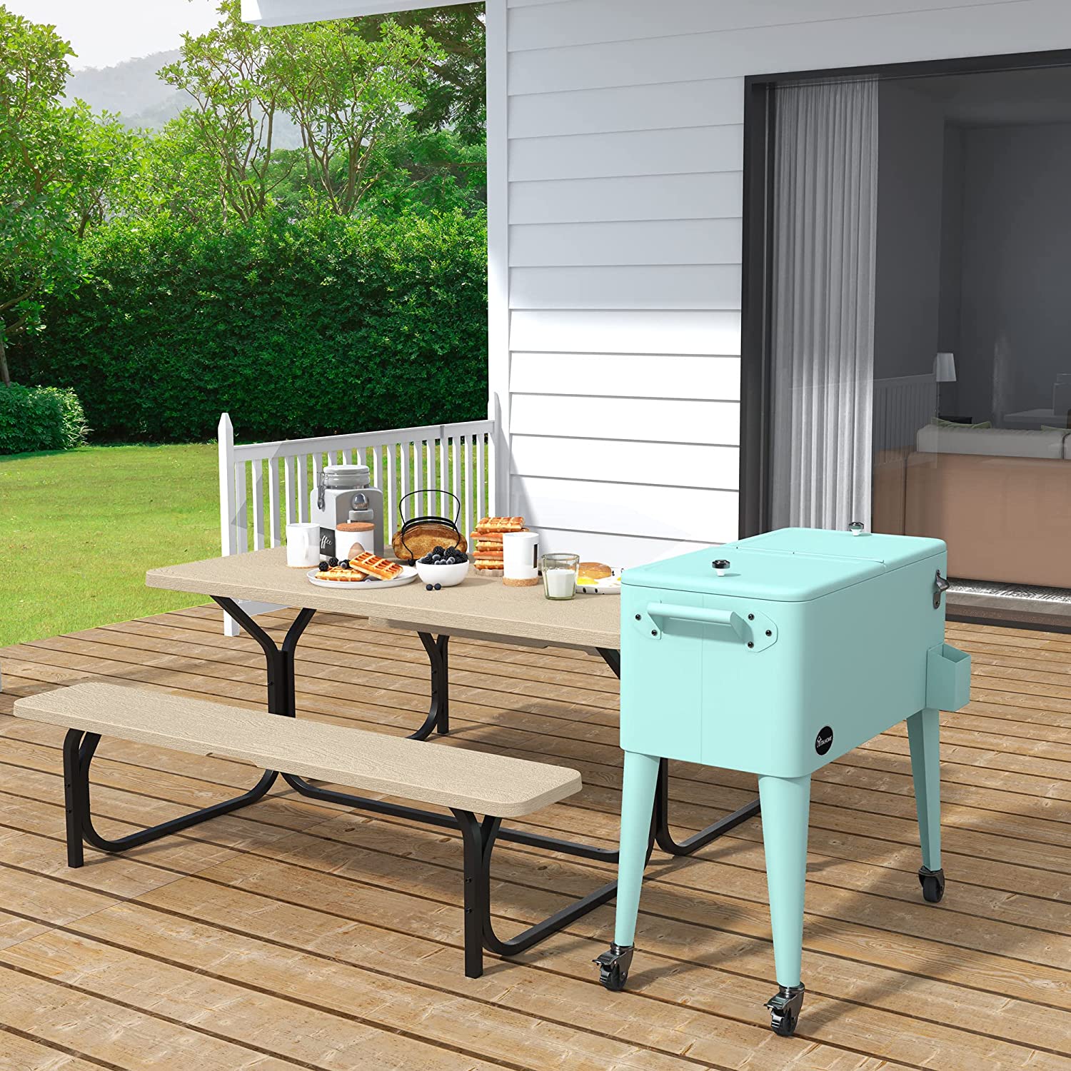 YITAHOME 80 Quart Rolling Cooler Cart with Bottle Opener Drainage. Portable Patio Cooler Rolling on Wheels. Outdoor Rolling Beverage Cart Drink Cooler for Patio Pool Deck Party Cookouts. Light Green