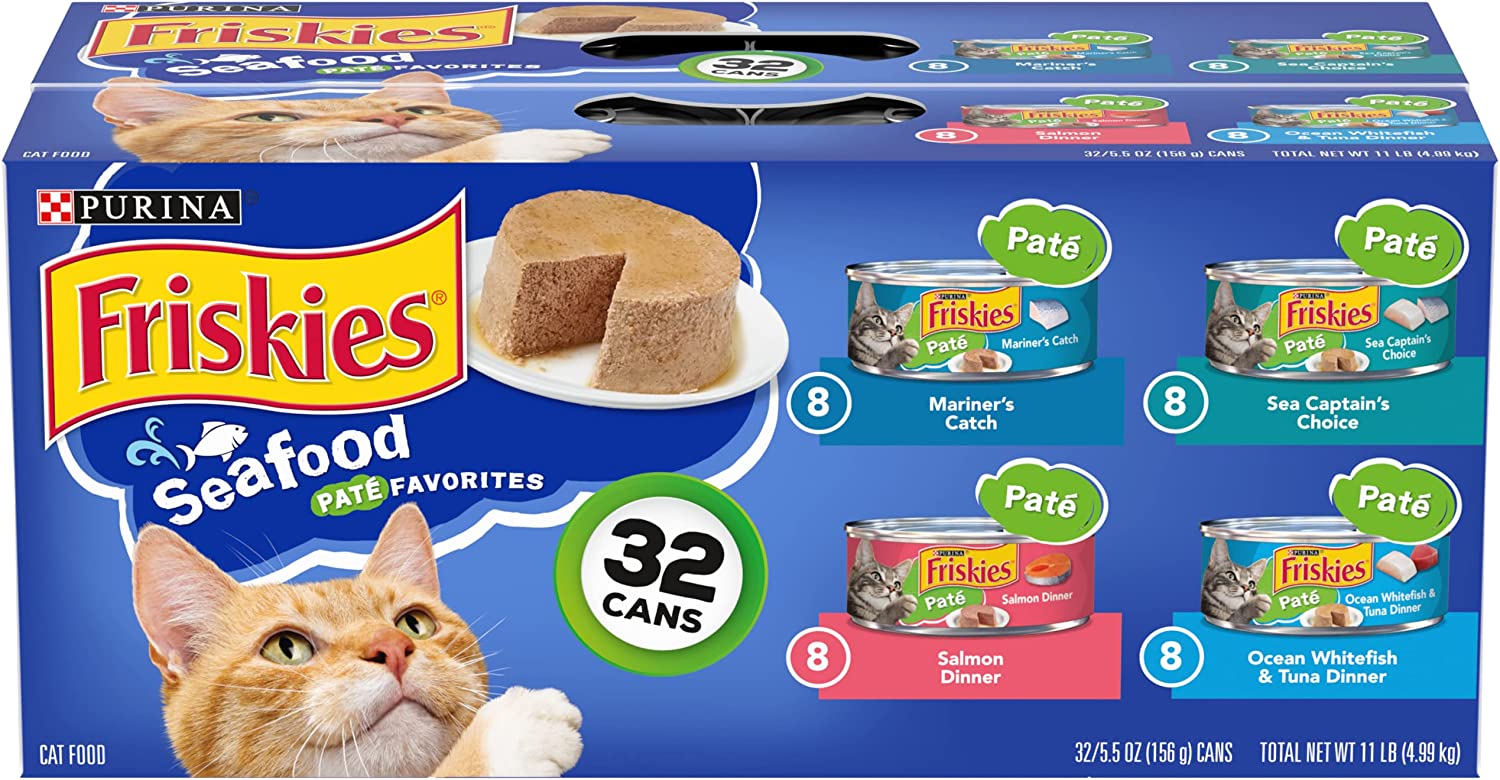 Purina Friskies Pate Wet Cat Food Variety Pack. Seafood Favorites - (32) 5.5 oz. Cans
