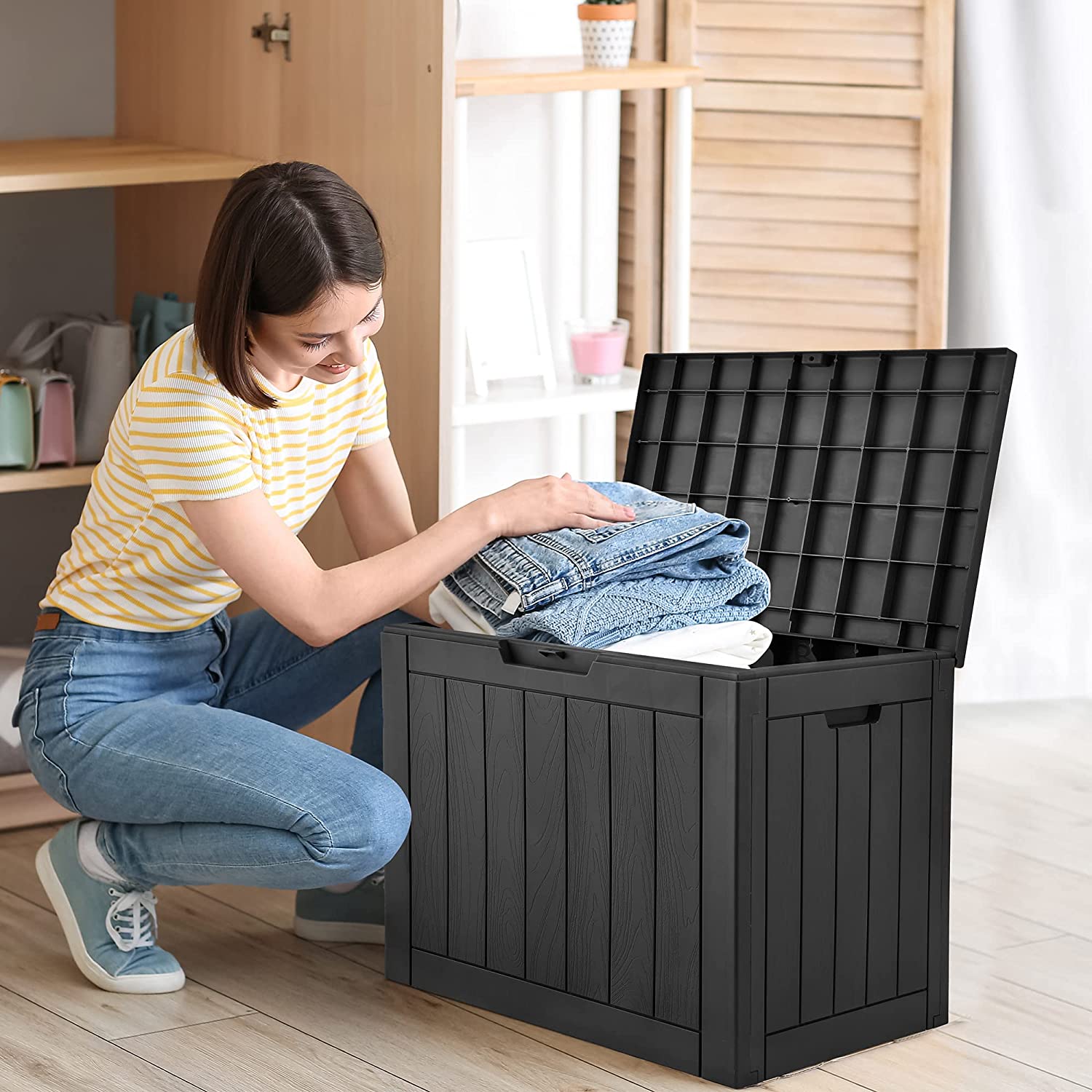 YITAHOME 30 Gallon Deck Box. Outdoor Storage Box for Patio Furniture. Pool Accessories. Cushions. Garden Tools and Outdoor. Waterproof Resin with Lockable Lid and Side Handles (Black)