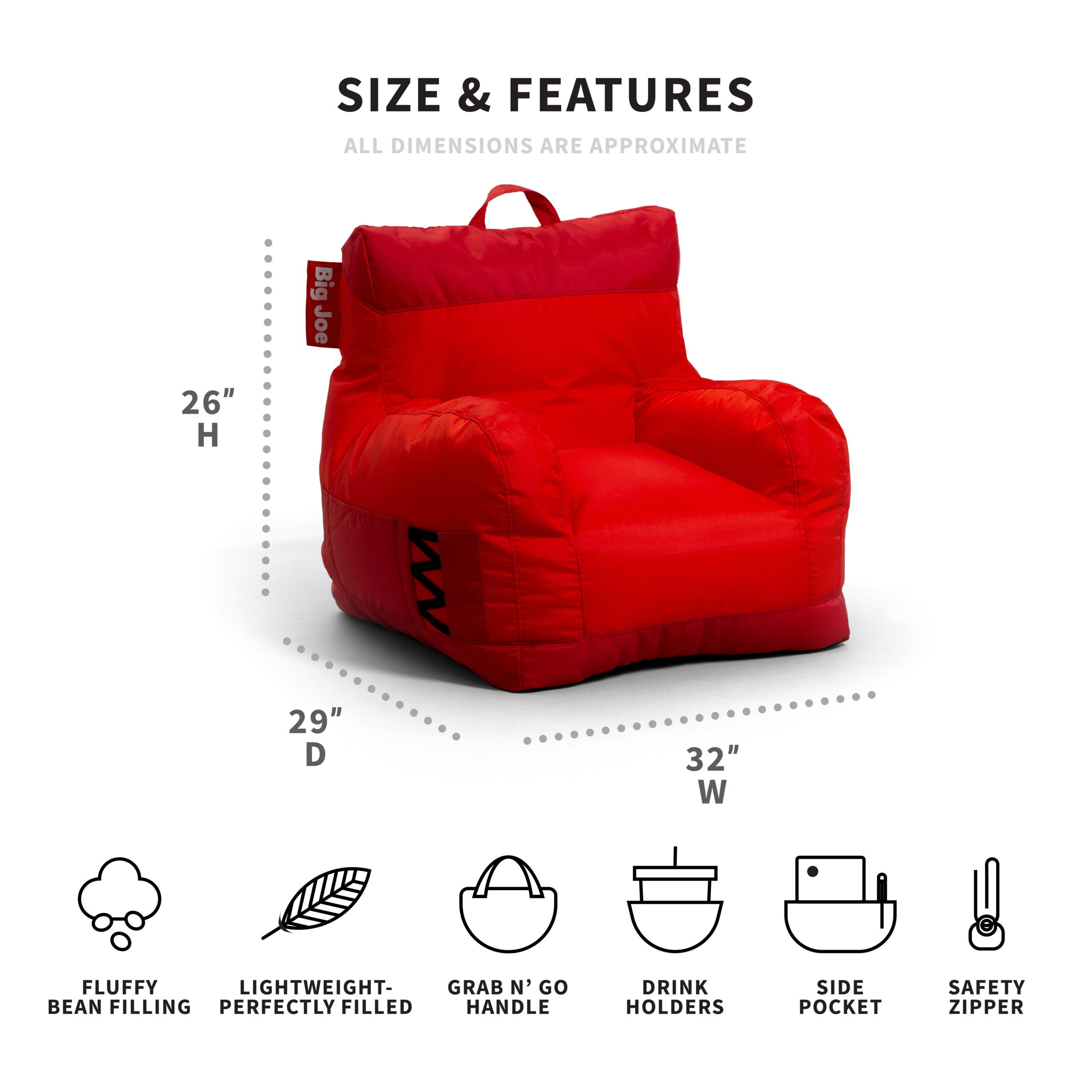 Big Joe Dorm Bean Bag Chair. Kids/Teens. Smartmax 3ft. Two Tone Red