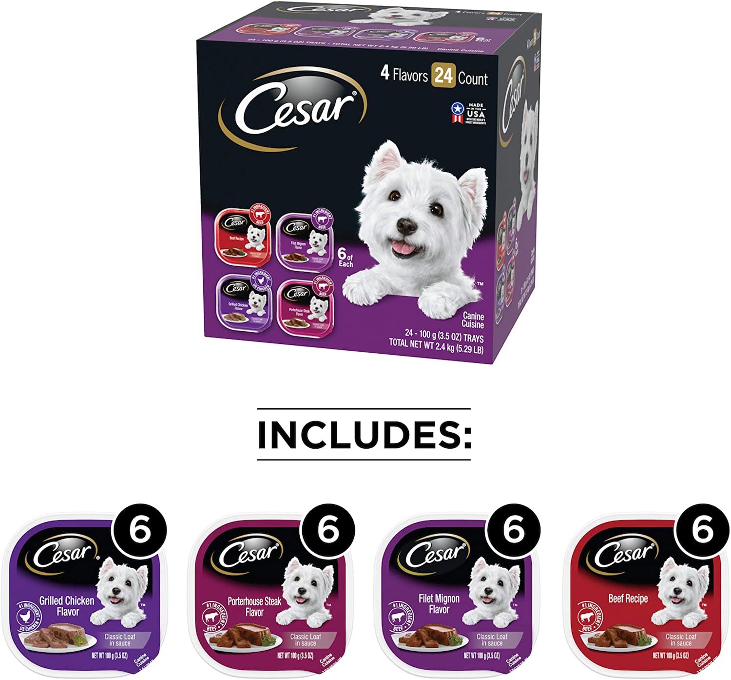 CESAR Soft Wet Dog Food Classic Loaf in Sauce Beef Recipe. Filet Mignon. Grilled Chicken and Porterhouse Steak Variety Pack. (24) 3.5 oz. Easy Peel Trays