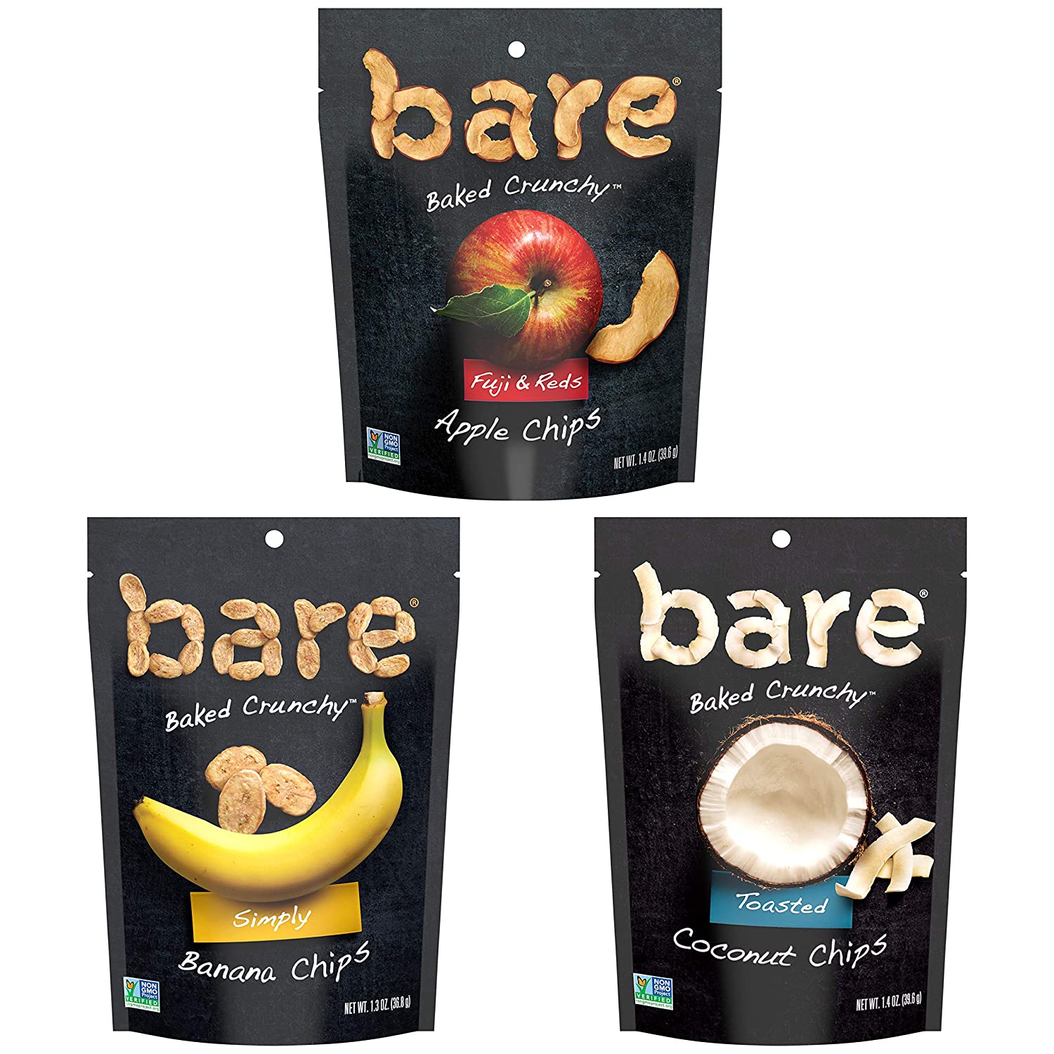 Bare Baked Crunchy Apple Chips. Banana Chips. and Coconut Chips. Variety Pack. Gluten Free. 6 Count