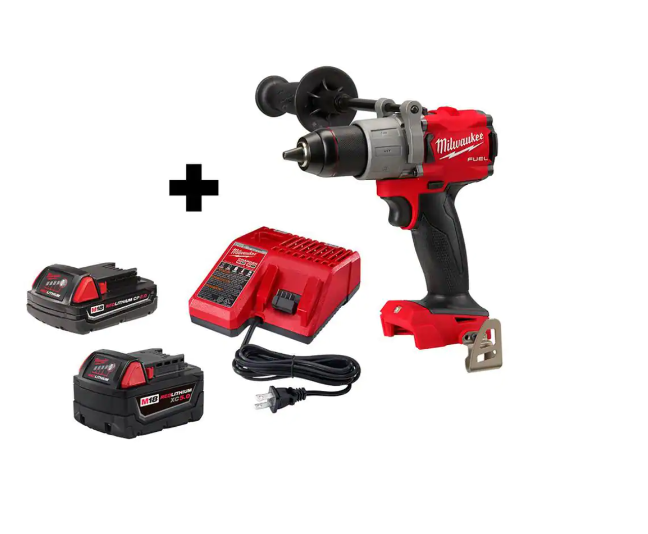 Milwaukee 2804-20-48-59-1852 M18 FUEL 18-Volt Lithium-Ion Brushless Cordless 1/2 in. Hammer Drill/Driver w/ (1) 5.0 Ah. (1) 2.0 Ah Battery & Charger