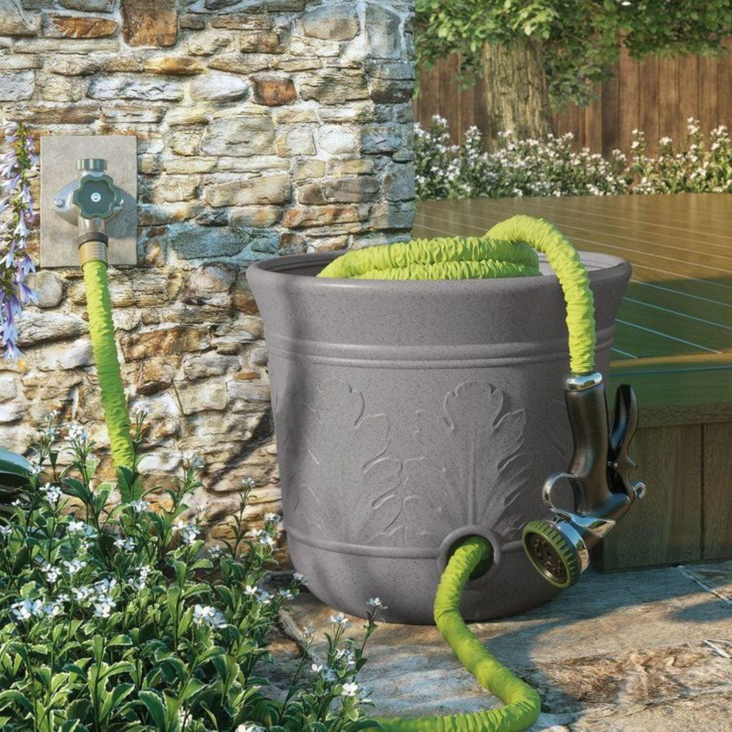 Suncast 300 Foot Heavy Duty 5 Gallon Decorative Garden Hose Pot. Gray Speckle