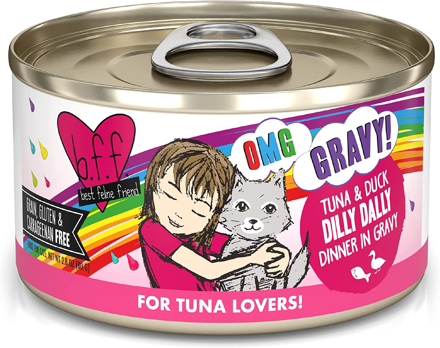 Weruva Wet Cat Food B.F.F. OMG - Best Feline Friend Oh My Gravy!. Tuna & Duck Dilly Dally with Tuna & Duck. 2.8oz Can (Pack of 12)
