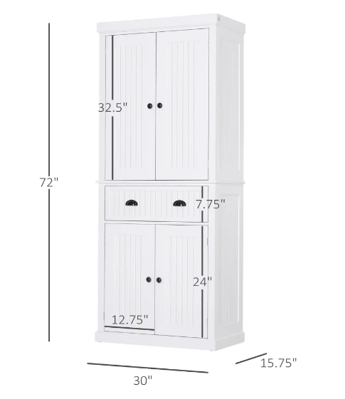 HOMCOM Tall 72″ Traditional Colonial Style Standing Kitchen Pantry Cupboard Cabinet - White