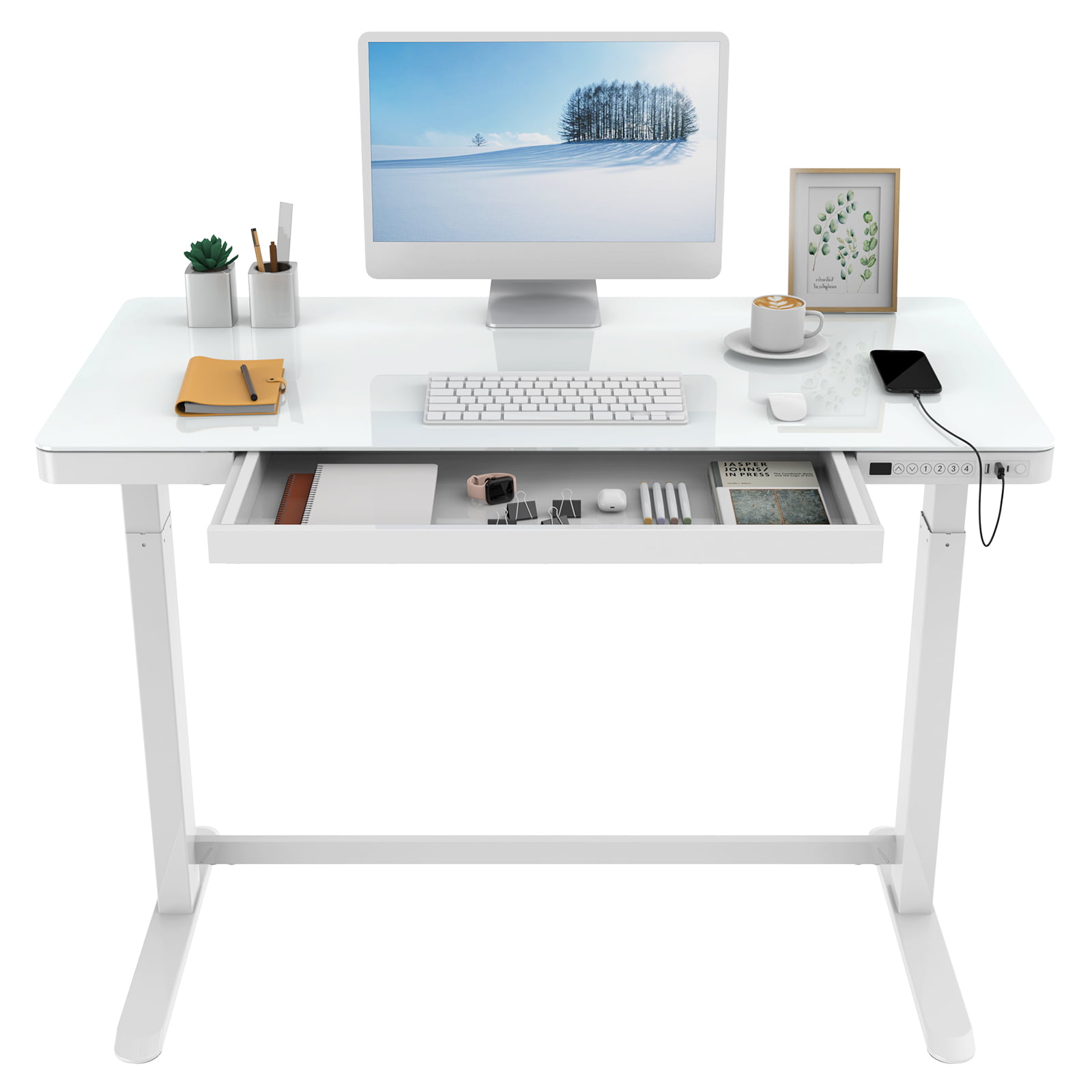 FlexiSpot 48″ W Ergonomic Home Office Height Adjustable Standing Desk Tempered Glass Top White