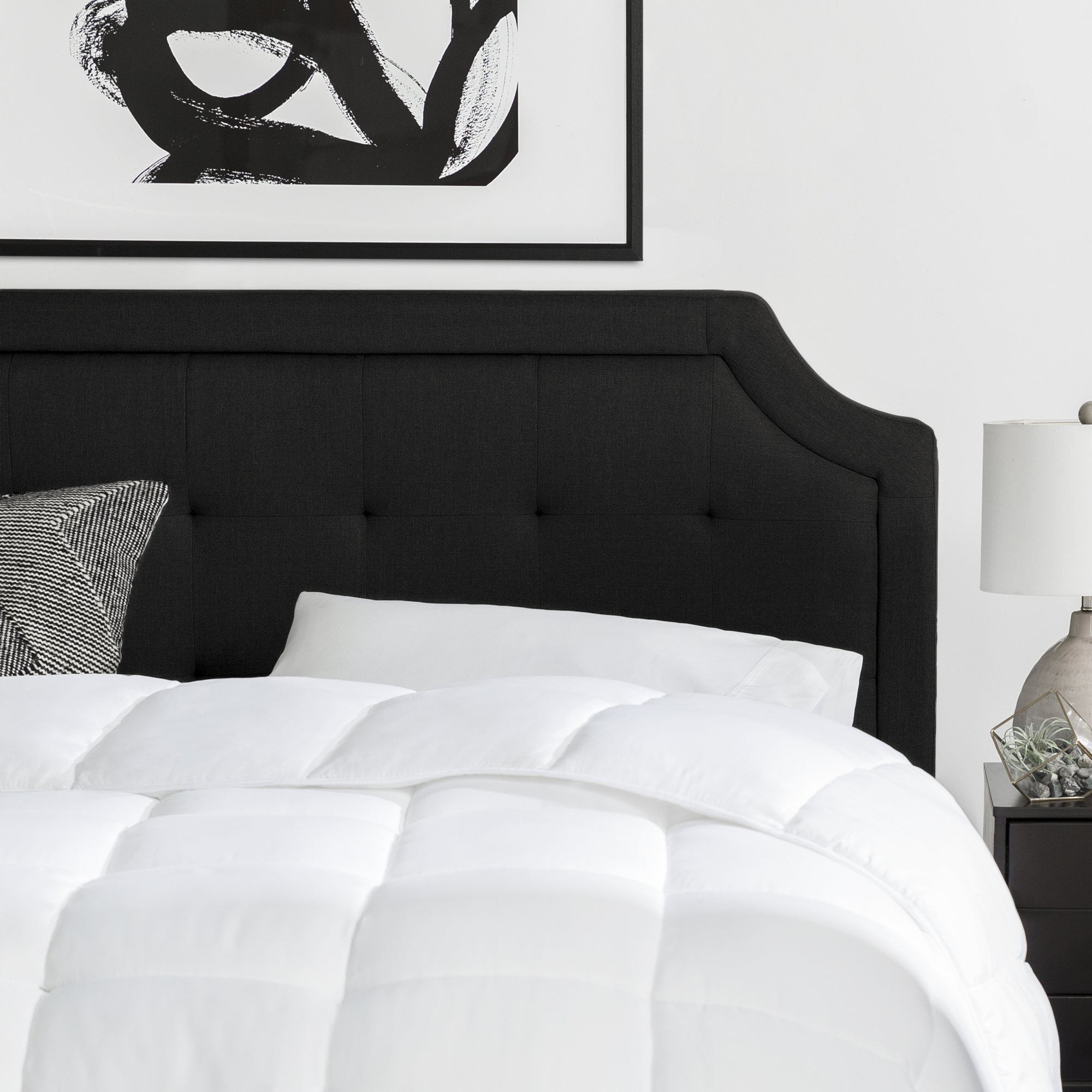 Rest Haven Scallop Edged Upholstered Headboard. Queen. Black
