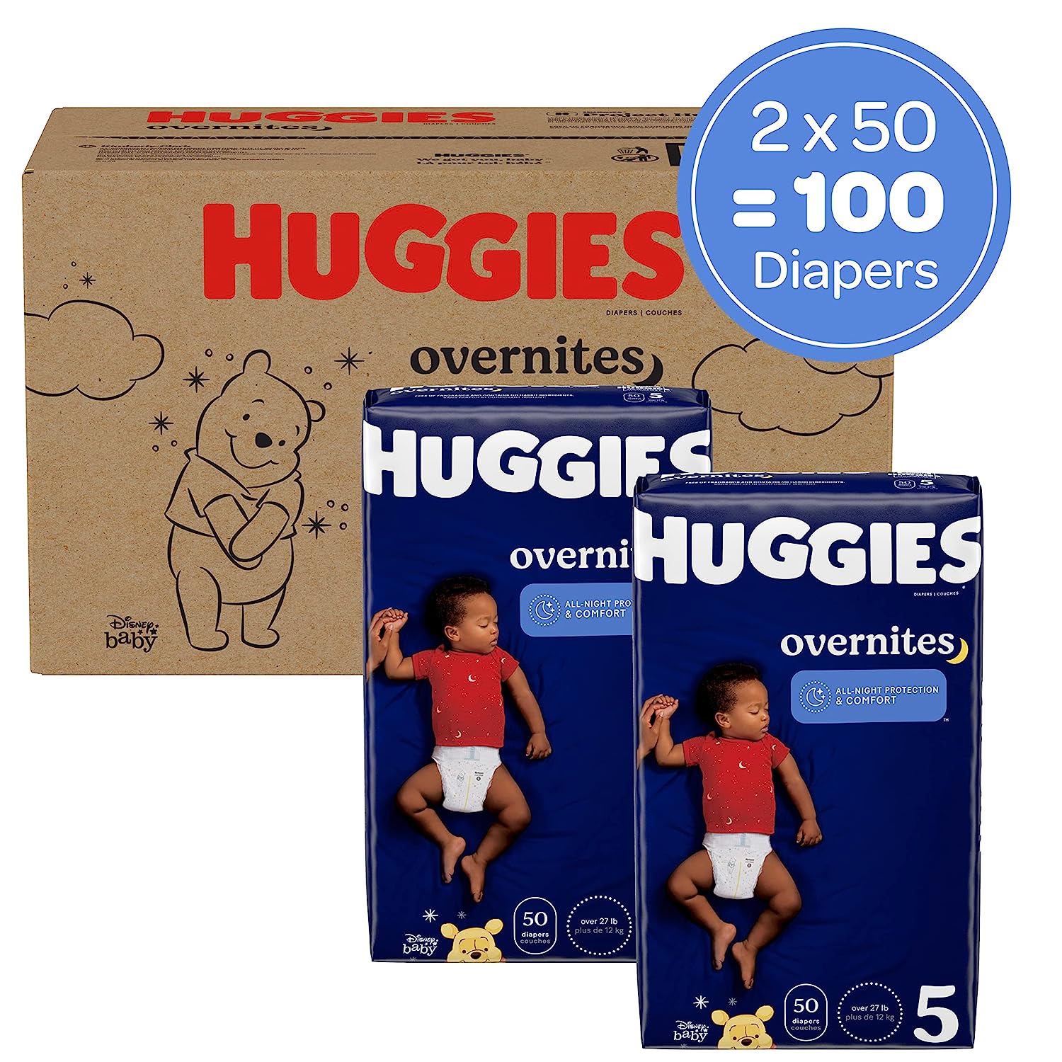 Huggies Overnites Nighttime Baby Diapers. Size 5 (27+ lbs). 100 Ct