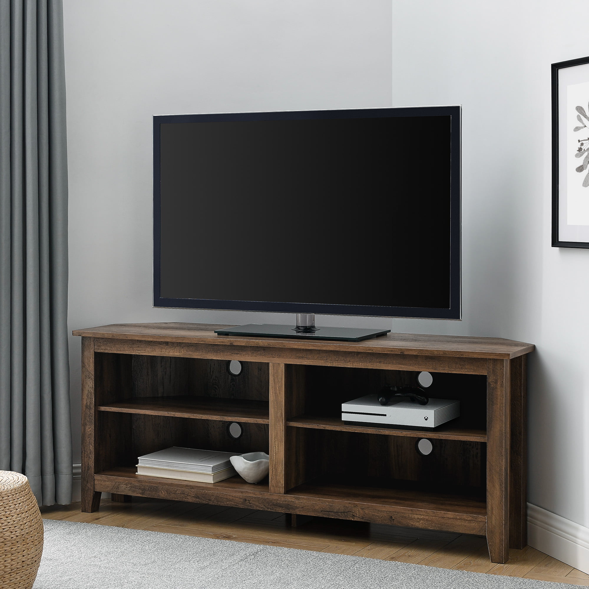 Woven Paths Transitional Corner TV Stand for TVs up to 65″. Reclaimed Barnwood
