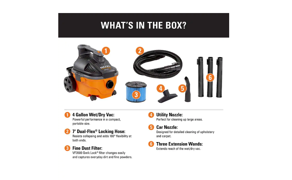 RIDGID WD4070 4 Gallon 5.0-Peak HP Portable Wet/Dry Shop Vacuum with Fine Dust Filter. Hose and Accessories