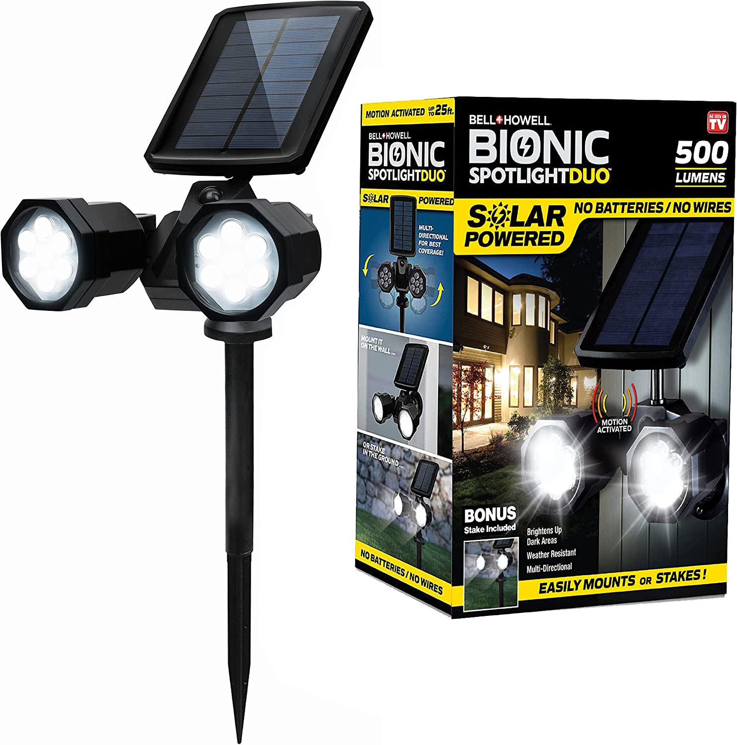 BELL + HOWELL Bionic Lighting 500-Lumen 6-Watt Black Solar LED Spot Light Motion Sensor - LED Lights Super Bright Waterproof Landscape Spotlights for Patio Yard Garden