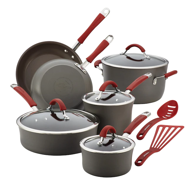 Rachael Ray 87630 12pc Cucina Piece Hard-Anodized Cookware Set. Red