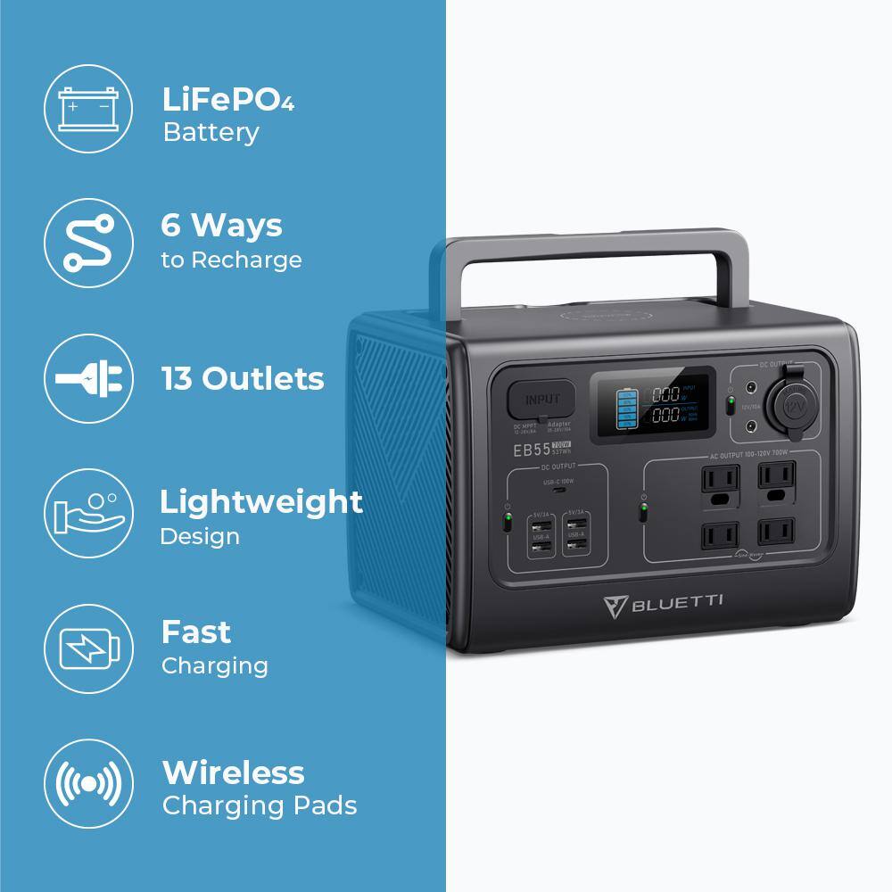 BLUETTI EB55GR 700W Continuous/1400W Peak Output Power Station EB55 Gray Push Button Start LiFePO4 Battery Solar Generator for Outdoors