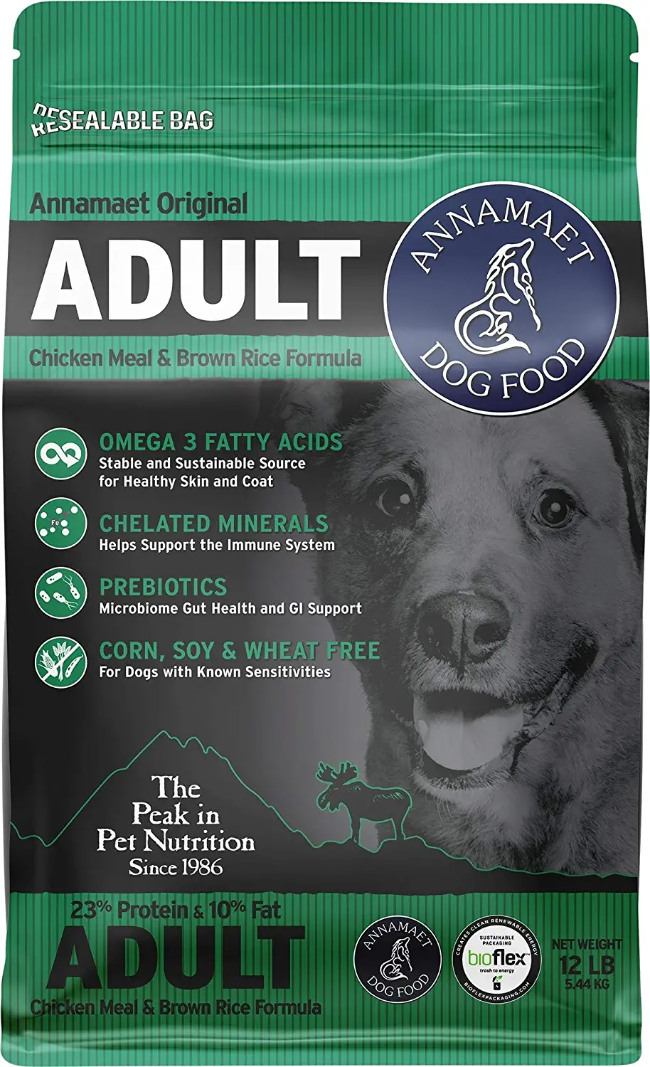 Annamaet Original Adult Formula Dry Dog Food 23% Protein (Chicken & Brown Rice). 12-lb Bag