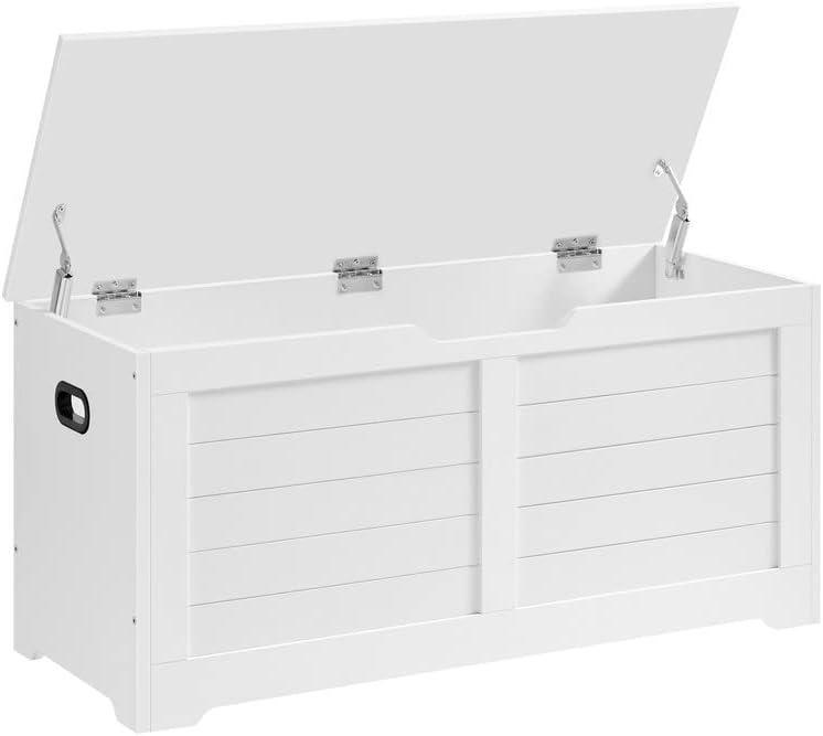 VASAGLE Storage Chest. Storage Trunk with 2 Safety Hinges. Storage Bench. Shoe Bench. Modern Style. 15.7 x 39.4 x 18.1 Inches. for Entryway. Bedroom. Living Room. White ULSB061T10