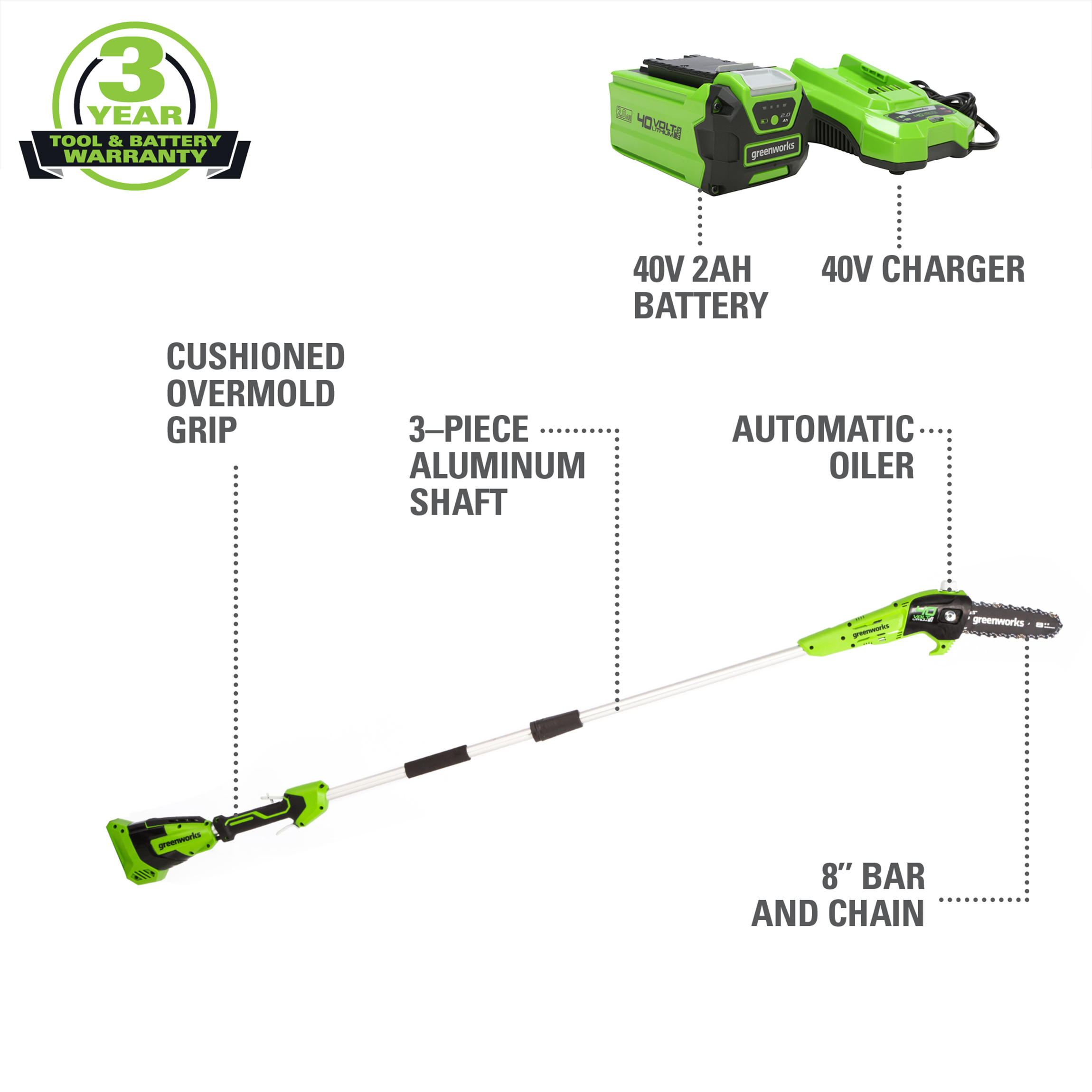 Greenworks 40V 8″ Cordless Pole Saw with 2.0 Ah Battery and Charger. 1403702